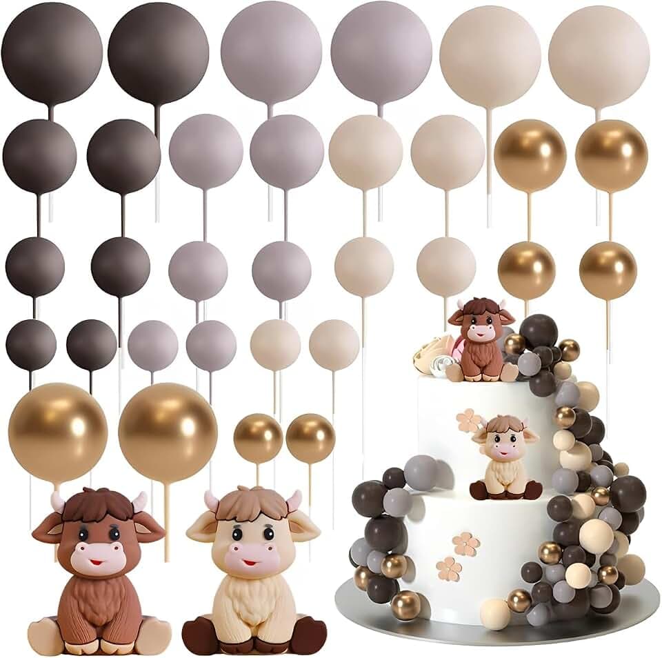 Highland Cow Cake Topper Set mit neutralen Ballon-Plektren, niedlichen Kuh-Figuren und Ballon-Kuchendekorationen für Geburtstag, Babyparty, geschlechtsneutrales Partyzubehör