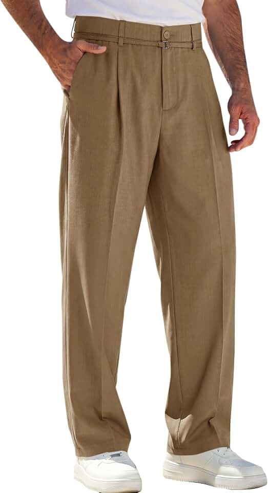 Runcati Mens Casual Dress Pants Elastic Waist Pleated Baggy Wide Leg Slacks