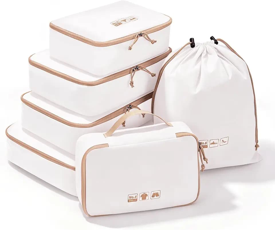 ECOHUB Packwürfel 6er Set Koffer Organizer, Reißfest & Wasserabweisend, Durchdachtes Ordnungssystem mit Kennzeichnung, Reise Organizer, Leicht, Schuhbeutel, Beige Sand Set