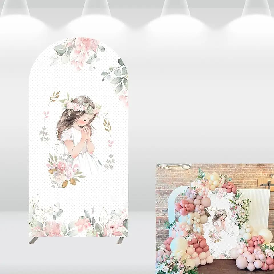 Flowers God Bless Arch Cover Backdrops Girls First Holy Communion Party Arched Wall Banner Bible Baby Shower Background 2.6x6ft