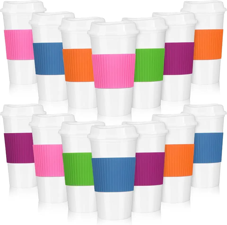 FillTouch 15 Pcs Reusable Coffee Cups with Lids, 16 oz Mugs, Fresh Color