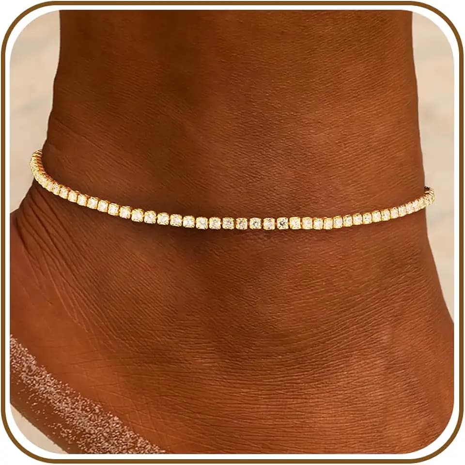 14K Gold Anklet for Women, Diamond‑Cut Shiny Moissanite Ankle Bracelet, Hypoallergenic Non‑Tarnish Jewelry for Daily Beach Party & Holiday Gift Giving, 8/9/10/11 in