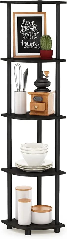Furinno TURN-N-TUBE Corner Shelf, 5-Tier Corner Bookshelf, Open Storage Shelves, for Organization and Storage, Living Room, Home Office, Garage, Bedroom, Espresso