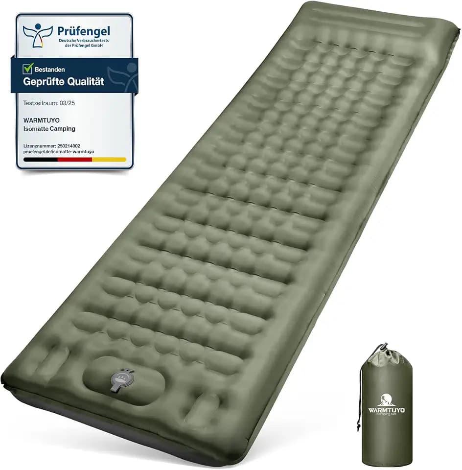 Isomatte Camping, 12CM Verdicktes Aufblasbare Matratze Kleines Packmaß, Wasserdicht Luftmatratze Outdoor mit Fußpressepumpe und Kissen, Anti-Ripstop Schlafmatte für Wandern und Strand - Armeegrün