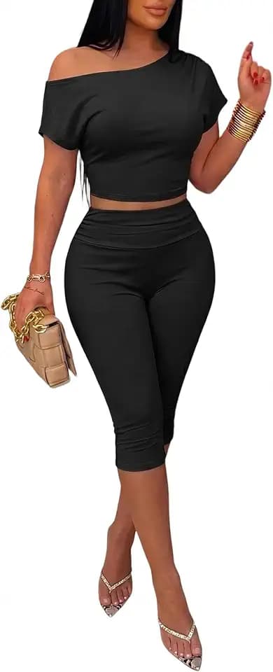 Women's 2 Piece Outfit Off Shoulder Crop Top & Capri Pant Set