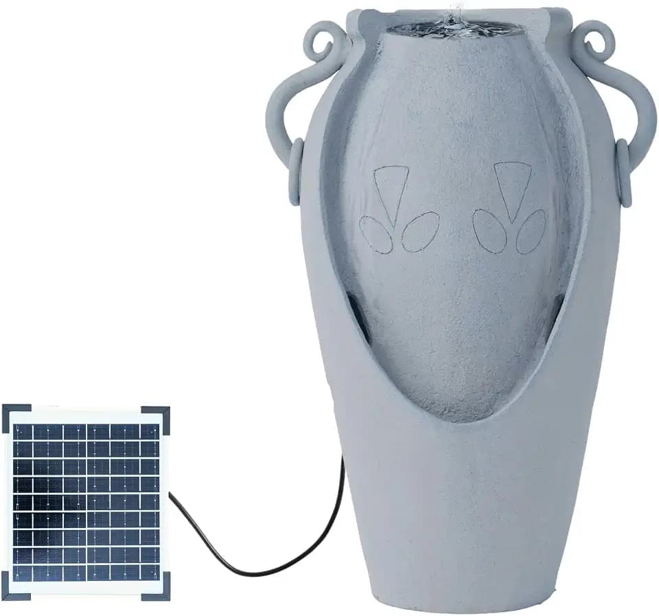 XBrand 34" Solar Pot Fountain, Amphora-Inspired Design, Outdoor Water Fountain, Polyresin, Gray