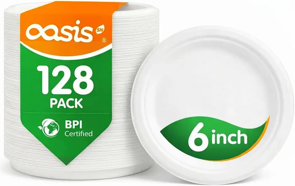 6 Inch Paper Plates 128 Pack, Small Dessert Plates Disposable, Heavy Duty Compostable Sugarcane Bagasse Plates for Cake, Snacks, Kids Meals & Parties, White