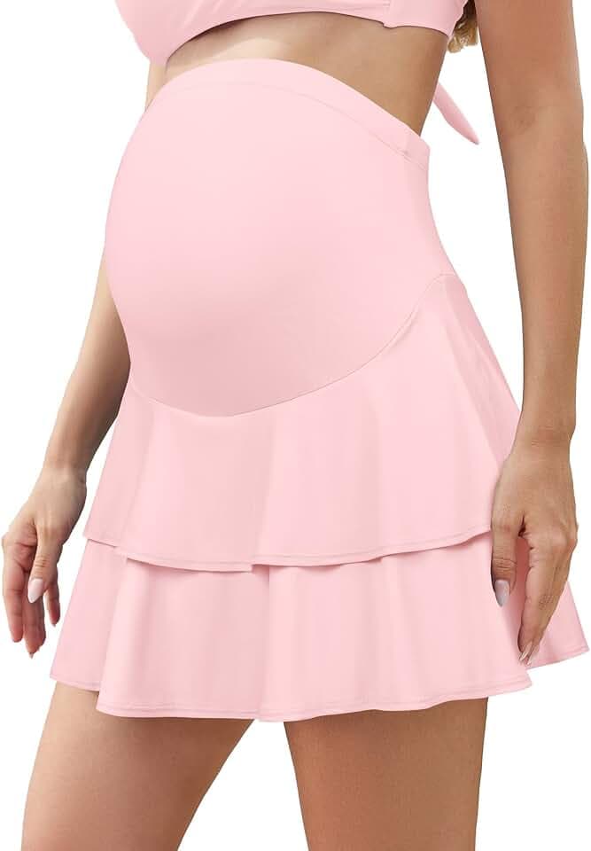 SHEKINI Umstandsrock mit Rüschen über und unter dem Bauch, hohe Taille, fließende Schwangerschaft, athletische Skorts, integrierte Shorts für Tennis, Golf