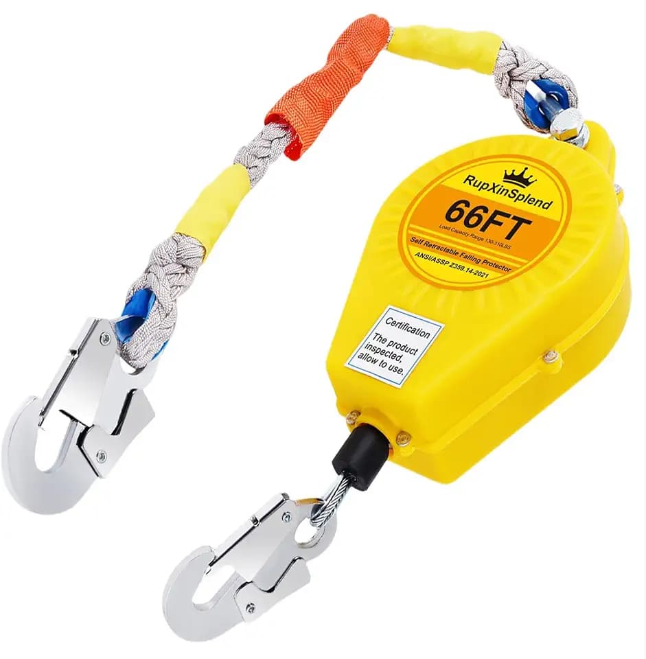 Fall Arrester Protector Self Retractable 66FT Fall Protection Gear Double Locking, Dual PPE+Alloy Steel housing Heavy Duty Lifeline Safety Lanyard Rope Cable Wire Roofing Construction