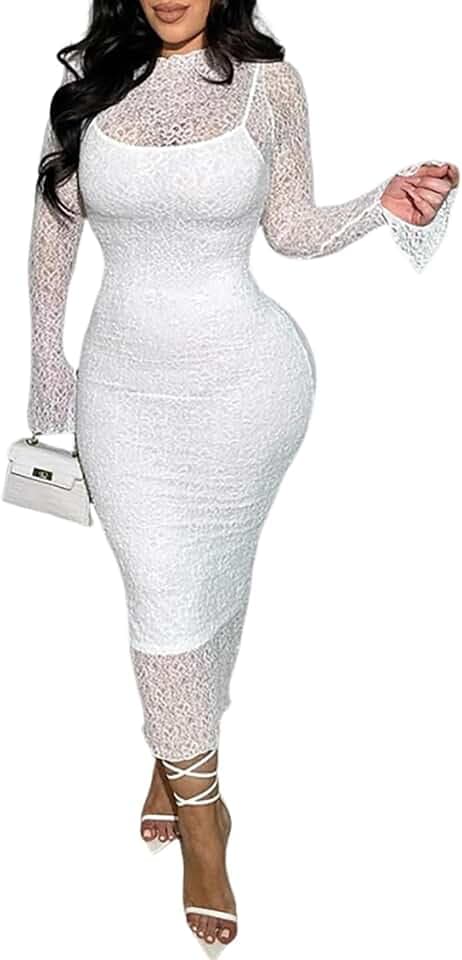 Uni Clau Women's Bodycon Midi Dress Long Sleeve Lace Wedding Guest Dress
