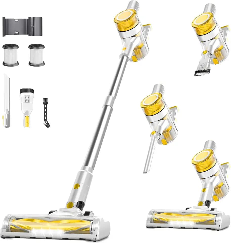 Cordless Vacuum Cleaner, Powerful Stick Vacuum Cleaner for Home with Rechargeable Battery, 6-in-1 Lightweight Handheld Vacuum, 45 Mins Runtime for Hardfloor & Carpets Pet Hair (Yellow)