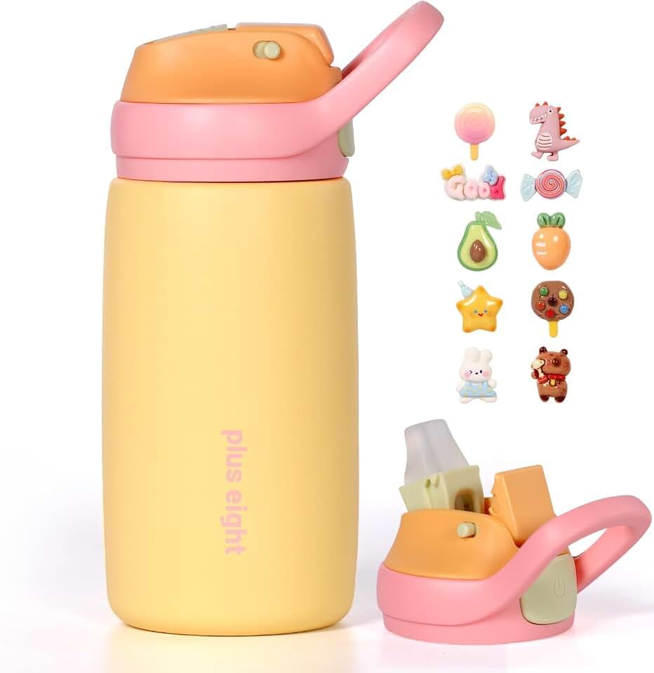 Isolierte Kinder-Wasserflasche mit Strohhalm-Deckel, 350 ml, BPA-frei, doppelwandiger Vakuumbecher, 18/8 Edelstahl, auslaufsicher, hält Getränke 12 Stunden heiß und 24 Stunden kalt, Gelb