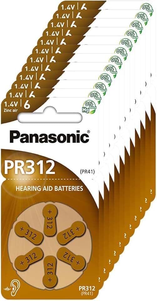 Panasonic PR312 Hörgerätbatterien, Zink-Luft-Batterien für Hörgeräte, Typ 312, 1.4V, 10 Packungen (60 Stück), braun