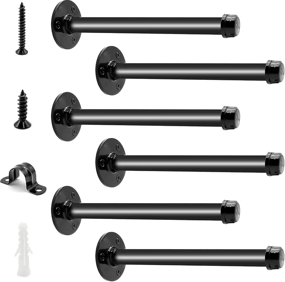 6 Pack Pipe Shelf Brackets 12 Inch, Industrial Iron Pipe Floating Shelves Bracket Heavy Duty Metal Shelving Brackets for DIY Shelves