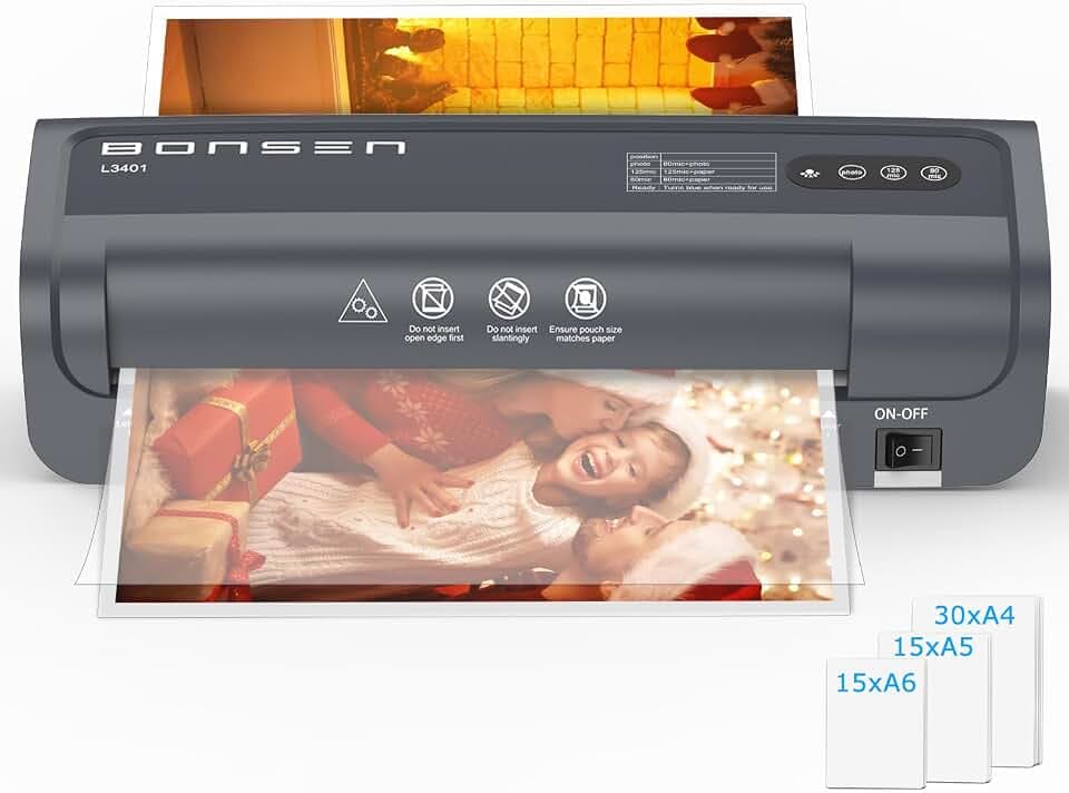 BONSEN Laminiergerät mit Never Jam Technologie, A4, 60 Folien Set