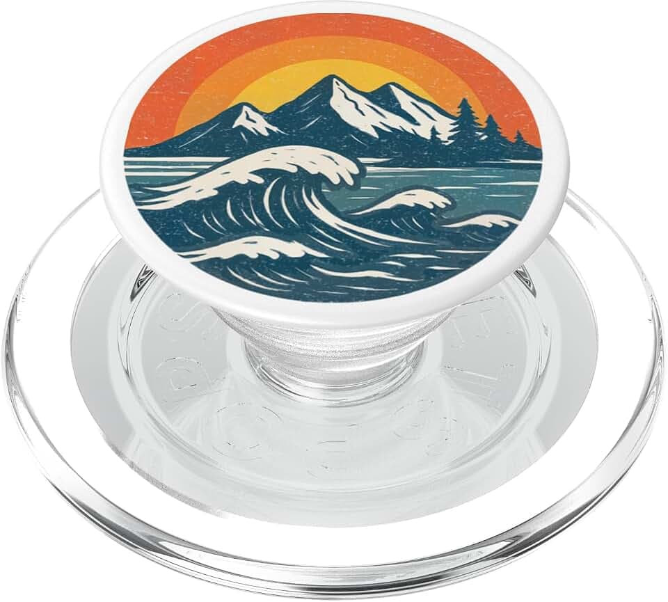Orange Sunset Mountain Wave Retro Art PopSockets PopGrip for MagSafe