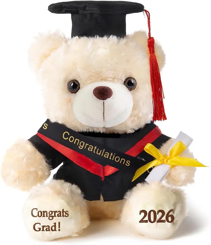 Graduation Teddy Bear Plush with Cap and Diploma, 8 inch (Red)