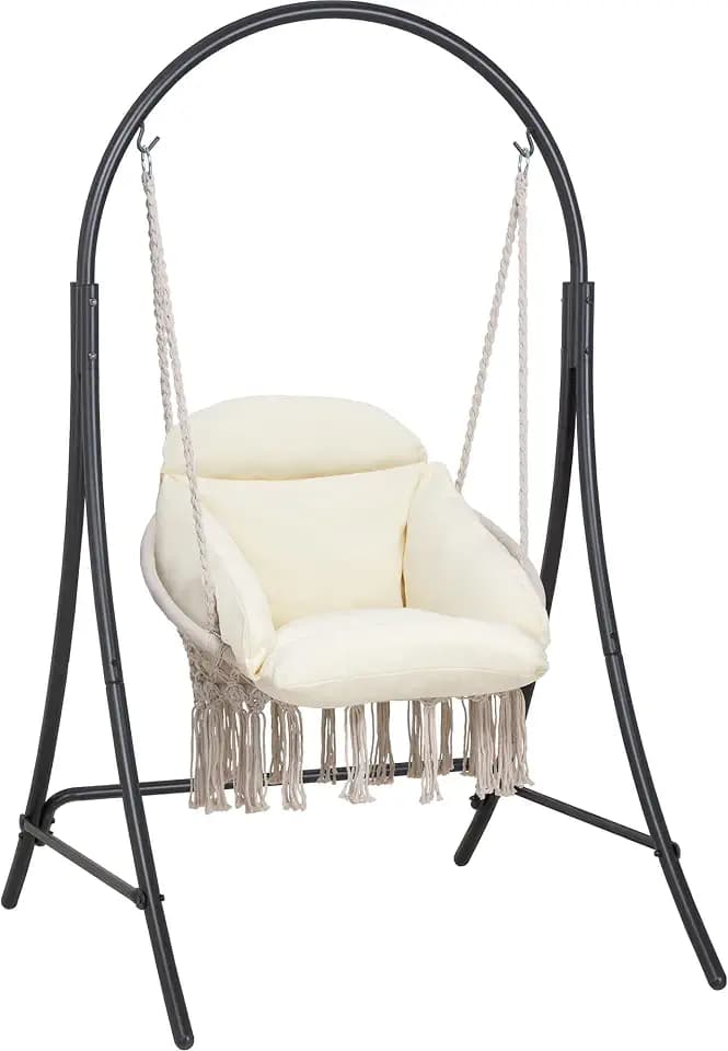 ANOW Outdoor Hanging Hammock Chair with Stand, Natural Macrame Swing Chair