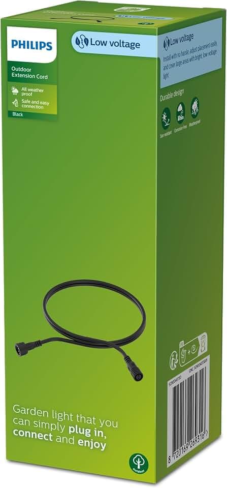 Philips Outdoor Niedervolt Verlängerungskabel 2 Meter, 24V, IP67 wasserfest, schwarz