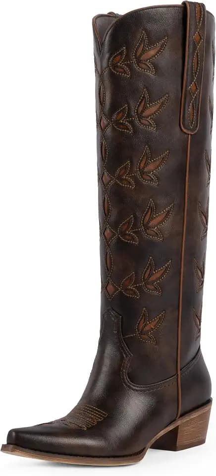 QIY Cowboy Boots for Women Knee High Womens Rhinestone Cowgirl Boots Pointed Toe Slip on Chunky Heel Western Boot