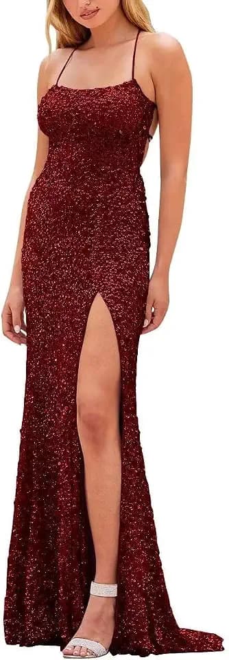 Tvuyet Sparkly Sequin Prom Dresses 2025 for Teens Long Mermaid Square Neck Formal Evening Gown with Slit