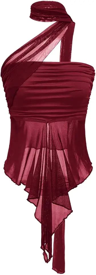 OYOANGLE Women's Sheer Ruffle Trim Halter Ruched Concert Y2K Crop Tops