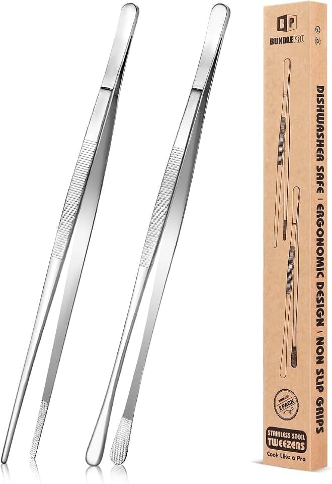 2 Stück 25,5 CM Küchenpinzette Feine Pinzettenzange, Professionelle lange Kochpinzette aus Edelstahl für BBQ, Meeresfrüchte, Reparieren und Servieren (SILBER)