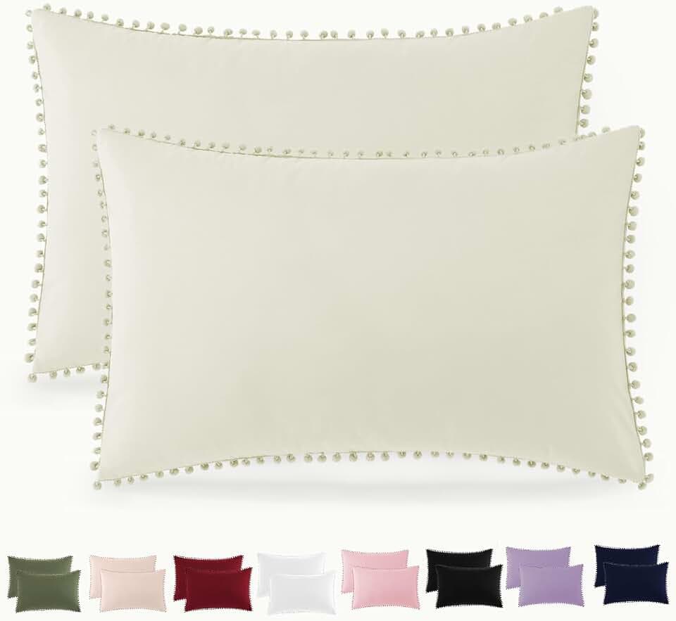 Pom Poms Pillow Shams Queen Size Set of 2, Beige Decorative Pillowcases with Envelope Closure, Soft Microfiber Shams Cover with Pom Pom Trim, Wrinkle Resistant (20 x 30 Inches)