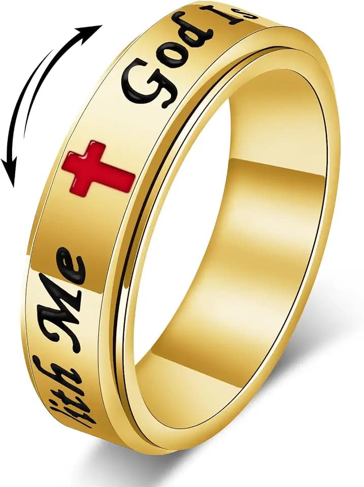 Spinner Fidget Ring for Women - God is With Me Stainless Steel Anxiety Relief Rings with Faith Cross Design, Christian Jewelry for Daily Comfort & Gift