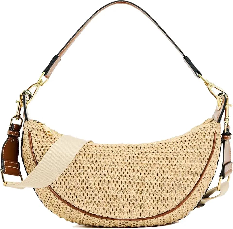 Straw Crossbody Bag for Women Crescent Woven Shoulder Hobo Purse Khaki