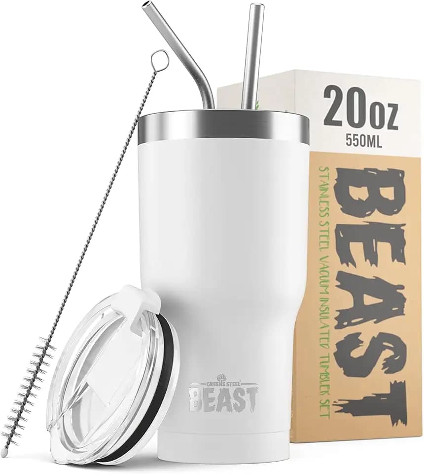 Greens Steel Beast Tumbler – 550 ml (20 oz), Arktisches Weiß | Wiederverwendbarer Edelstahl, vakuumisolierter Becher | mit 2 Strohhalmen & Reinigungsbürste | Doppelwandiger Reise-Thermobecher
