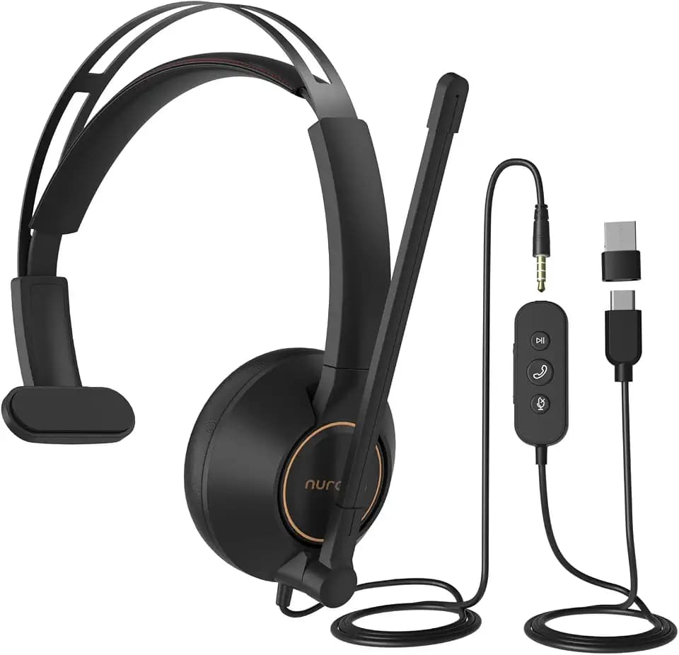 Nuroum HP11-SU USB Headset mit Mikrofon, Kabelgebundene Einzel-Ohr (Mono) Headset mit Komfort, USB-A/Typ-C/3,5-mm Anschluss an PC/Mac, Funktioniert mit Zoom/Teams für Anruf/Telefonat/Konferenz