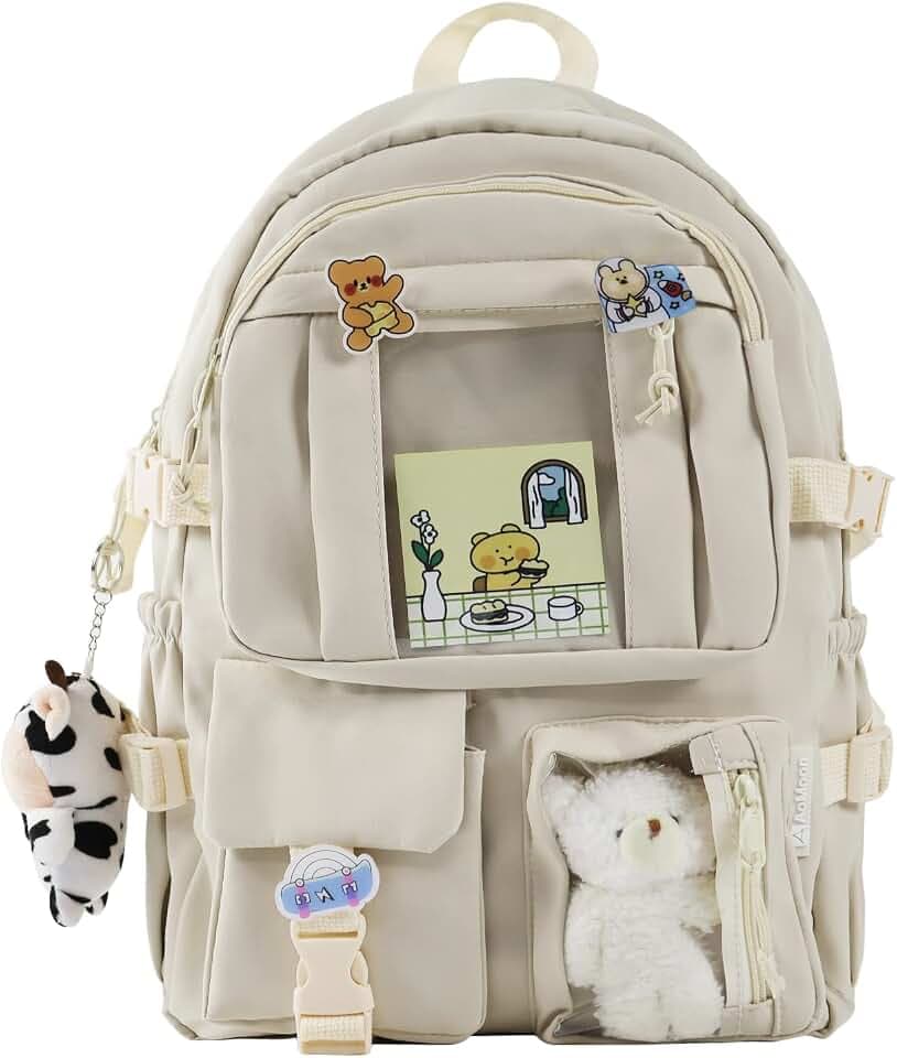Kawaii Backpack Lovely Pastel Rucksack for Teen Girls Aesthetic Student Bookbags with Kawaii Pin and Cute Accessories (White-C) One Size
