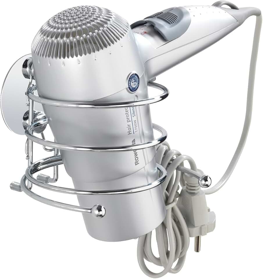 WENKO Turbo-Loc® Haartrocknerhalter, Föhnhalterung fürs Badezimmer, mit Kabelhalter, Befestigung ohne Bohren, aus verchromtem Stahl, 14 x 7,5 x 11,5 cm