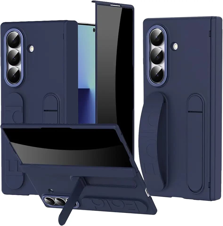 Wrist Strap for Samsung Galaxy Z Fold 7 Case, [Built in Privacy Screen Protector] Finger Strap Full-Body Case with Kickstand Hinge Cover Raised Edge Anti-spy Stand Cover for Z Fold 7 Blue