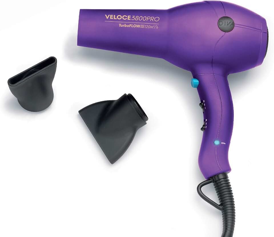 Diva Edit Veloce 3800 Pro Föhn - Haartrockner - 4 Hitze- und 2 Gebläsestufen - Mit Cool-Shot - 3m hitzebeständiges Kabel, lila