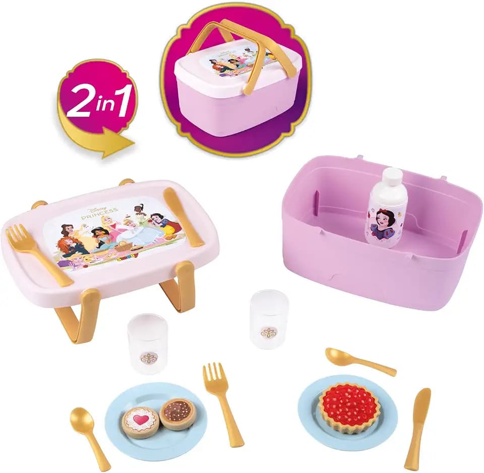 Smoby – Disney Prinzessinnen 2-in-1 Picknickkorb – Lässt Sich in einen Beistelltisch verwandeln – 14 Zubehörteile inklusive – Ab 3 Jahren
