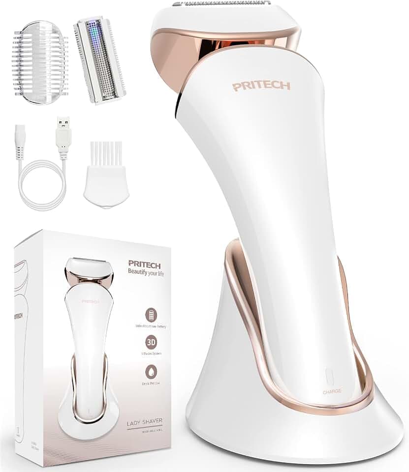 Elektrischer Rasierer für Frauen, Damenrasierer, Bikini-Trimmer, Körperhaarentfernung für Beine und Achselhöhlen, schmerzlos, kabellos, wiederaufladbar, nass und trocken, goldfarben und weiß