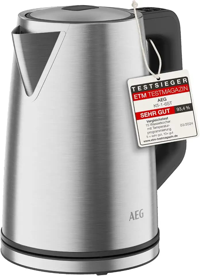 AEG Wasserkocher Deli 5, 2400 Watt, 5 Einstellbare Temperaturstufen, 1,7 l, 3-fache Automatische Sicherheitsabschaltung, Anti-Tropf- und Warmhaltefunktion, Einhand-Deckelöffnung, Edelstahl, K5-1-6ST