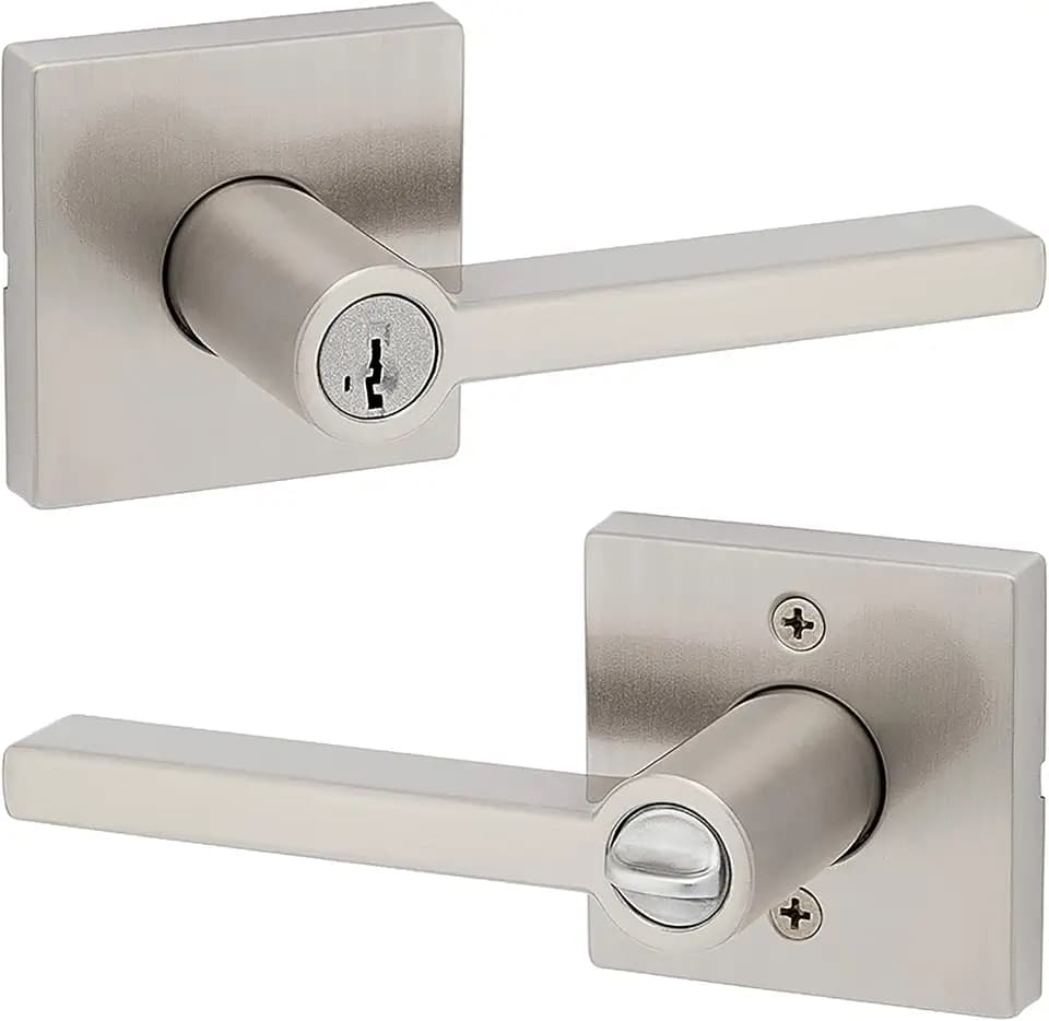 Kwikset Halifax Entry Door Handle with Lock and Key, Secure Keyed Reversible Lever Exterior, For Front Entrance and Bedrooms, Satin Nickel, Pick Resistant Smartkey Rekey Security and Microban