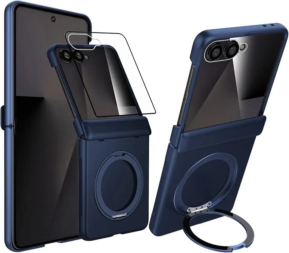 Magnetic Case for Samsung Galaxy Z Flip 7 Case, Compatible with Mag-Safe, Center Hinge Protection, 360° Rotating Finger Ring Holder with Built-in Screen Protector PC Material for Galaxy Z Flip 7 2025