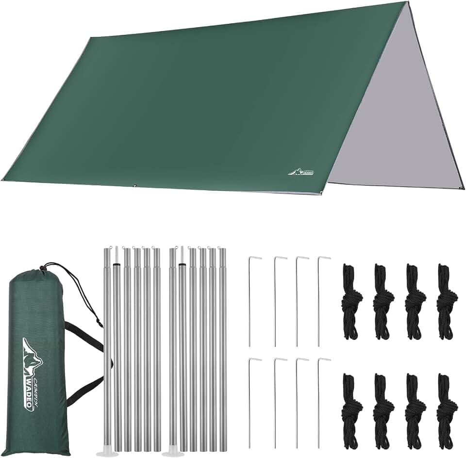WADEO Camping Zeltplane wasserdicht Anti-UV, 3 x 3 m Camping Plane Regenfliege mit Ösen Zeltspannleine Heringe, Ultraleicht Tent Tarp, ideal für Strand Wandern Picknick im Freien