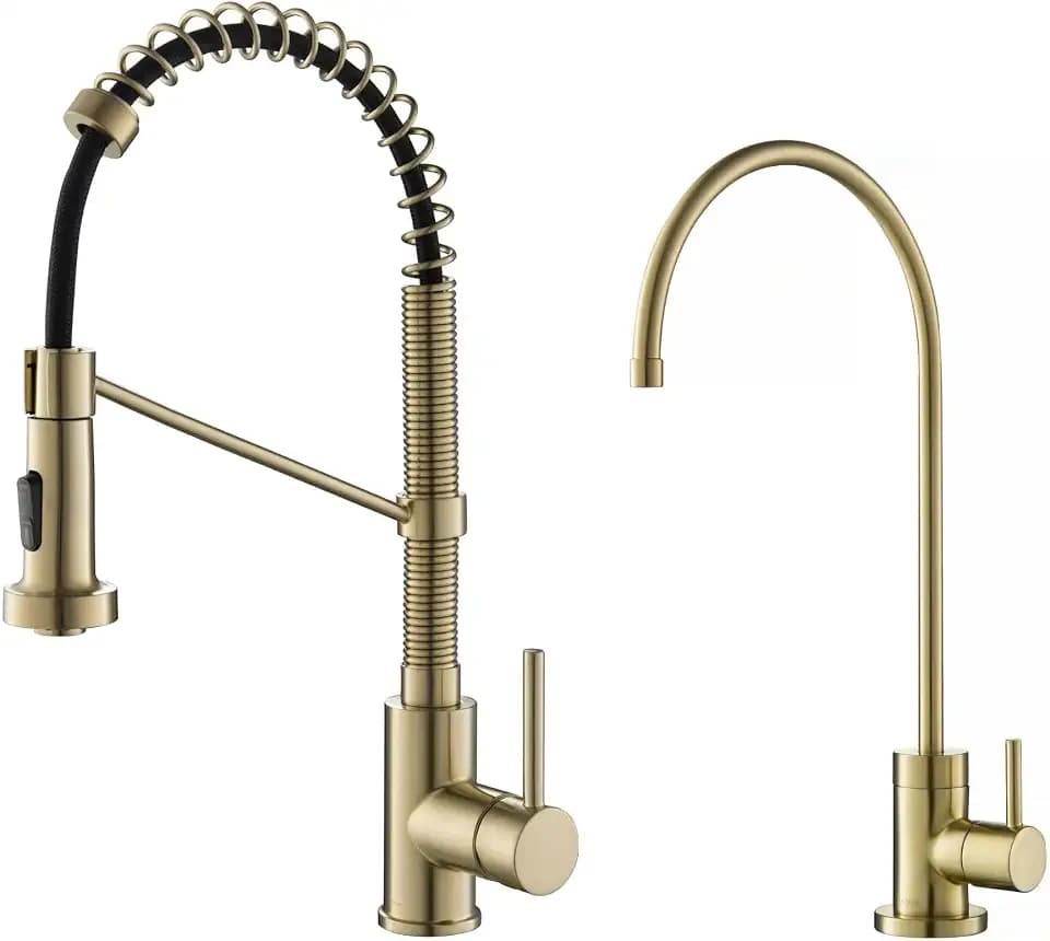 KRAUS Bolden Commercial Style Pull-Down Kitchen Faucet and Purita Water Filter Faucet Combo in Spot Free Antique Champagne Bronze, KPF-1610-FF-100SFACB