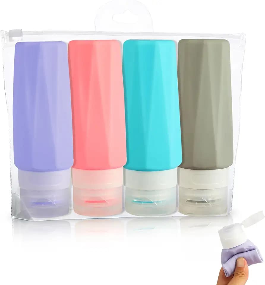 Silikon Reiseflaschen Set, 4 Stück 90ml Auslaufsichere Reisebehälter für Kosmetik und Toilettenartikel - TSA-konform mit No-Drip-Ventil - Ideal für Reise, Festival und Flugzeug