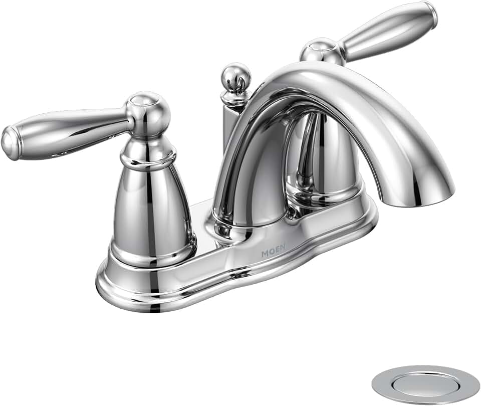 Moen Brantford Chrome Two-Handle Low-Arc Traditional Centerset Bathroom Faucet with Drain Assembly, 6610