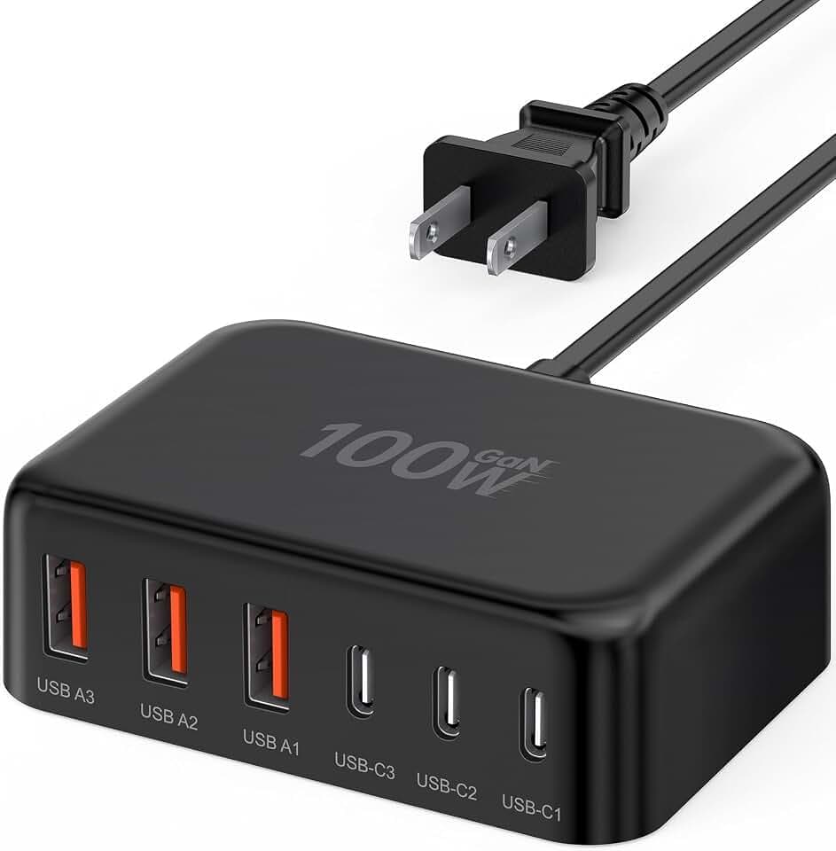 USB Fast Charger Block 50% Smaller 100W Max 6-Port GaN USB Charging Station
