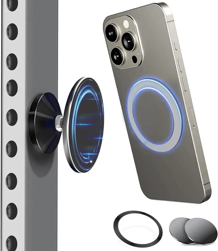 QxbBox Double Sided Magnetic Phone Holder, 360° Adjustable for Gym and Golf Carts, Strong Magnet, Shoot Hands-Free Videos During Exercise, Compatible with MagSafe Cases & iPhone 18/17/16/15/14/13/12
