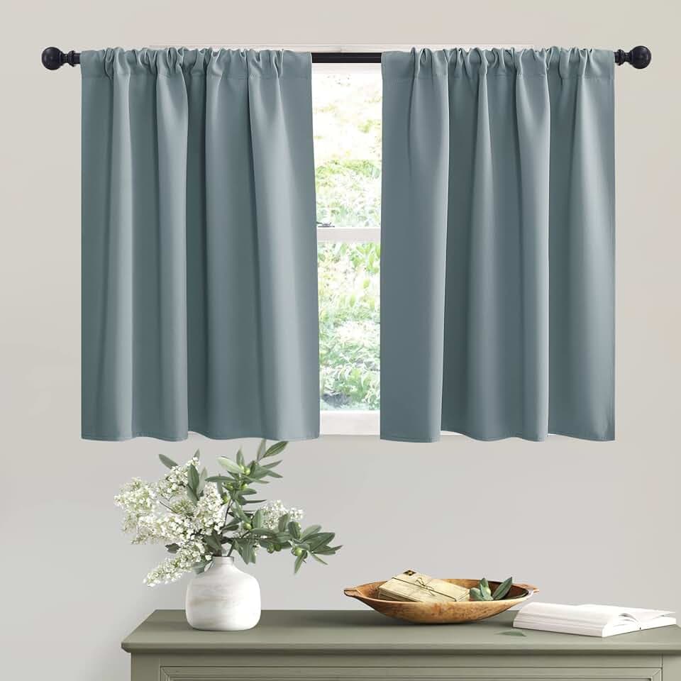 RYB HOME Short Dusty Blue Blackout Curtains for Small Bedroom Window Cafe