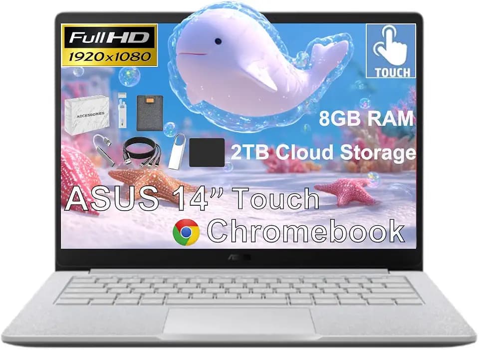 ASUS 14" FHD Touchscreen Students Chromebook, Intel Celeron N4500 (> i3-1115G4), 8GB RAM, 192GB Storage (128GB eMMC + 64GB SD Card),Anti-Glare, Chrome OS,with 5ave 6-in-1 Kit