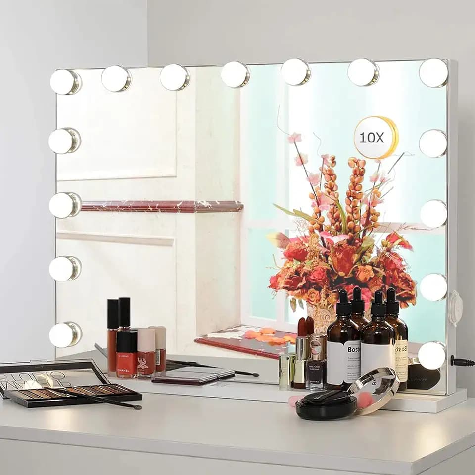 LIFTHOME Vanity Mirror Makeup Mirror with Lights,10X Magnification,Large Hollywood Lighted Vanity Mirror with 15 Dimmable LED Bulbs,3 Color Modes,Touch Control for Bedroom,Tabletop or Wall-Mounted